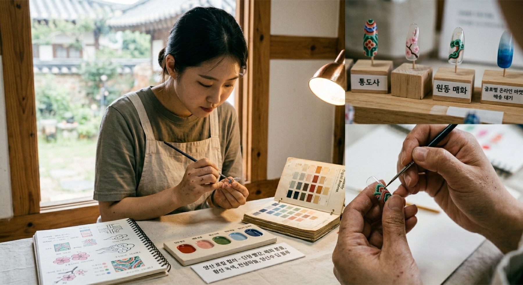 작업대 위 네일 디자인 도구와 콘셉트 오브젝트